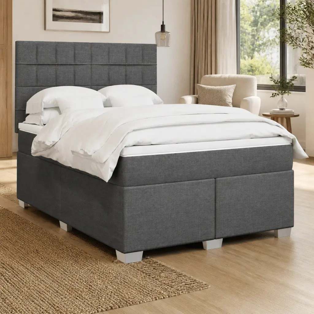 Queen Box Spring Bed with Mattress Dark Grey Fabric LED Headboard Bedroom