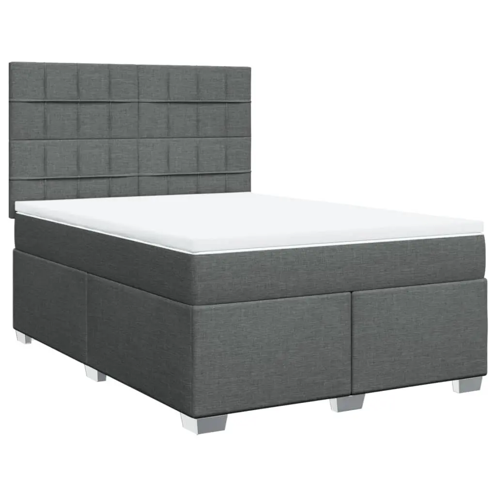 Queen Box Spring Bed with Mattress Dark Grey Fabric LED Headboard Bedroom