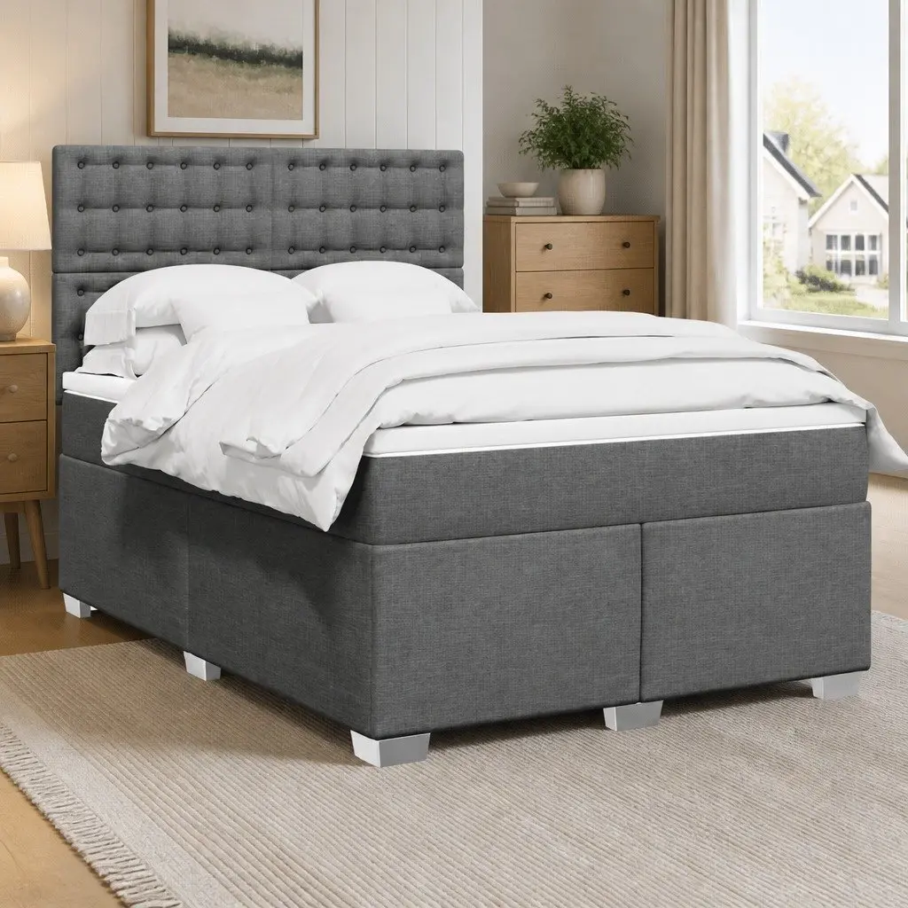 Queen Box Spring Bed Pocket Spring Mattress LED Light Grey Fabric Headboard