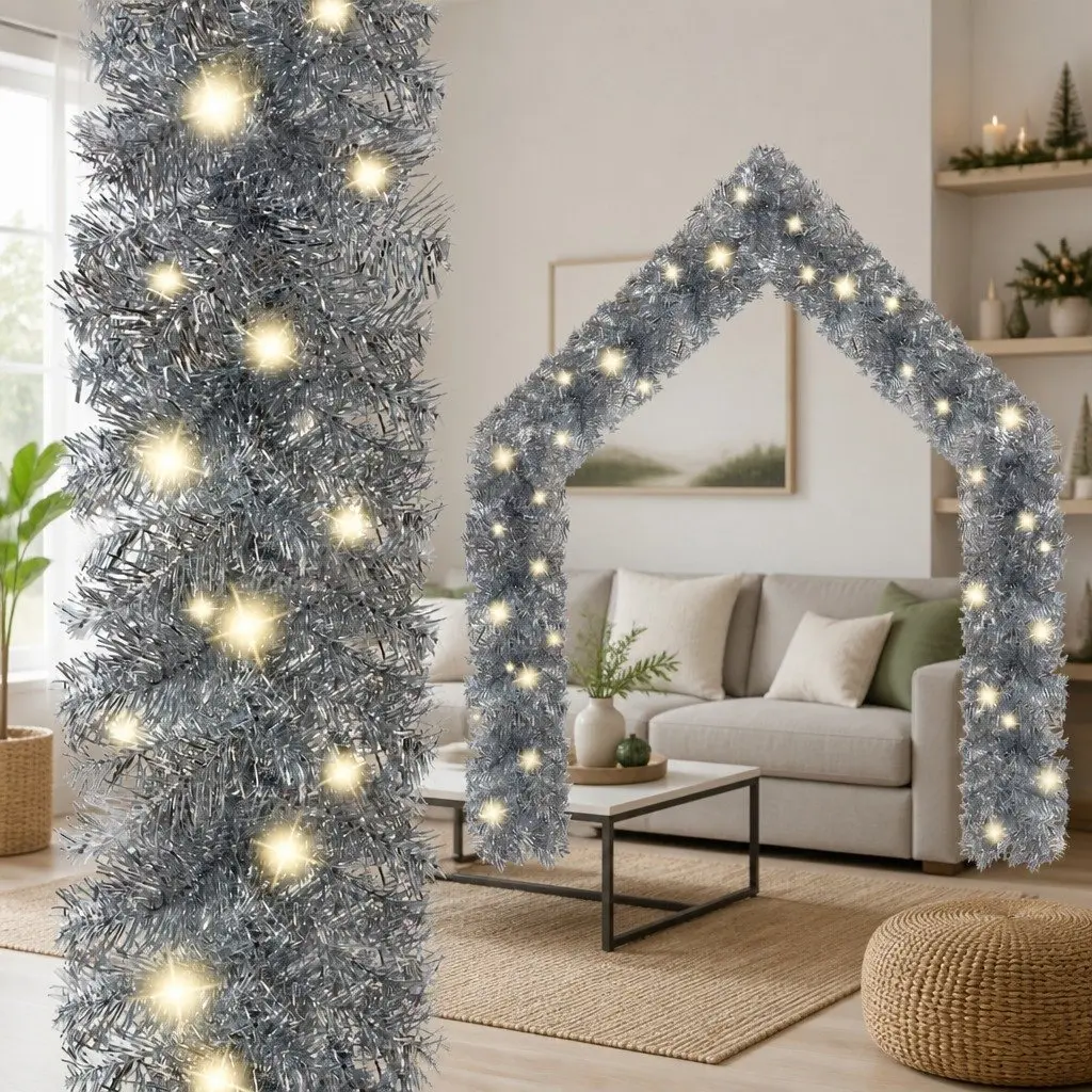 LED Christmas Garland Silver 20m Holiday Decoration for Stair Window Wall Ceiling