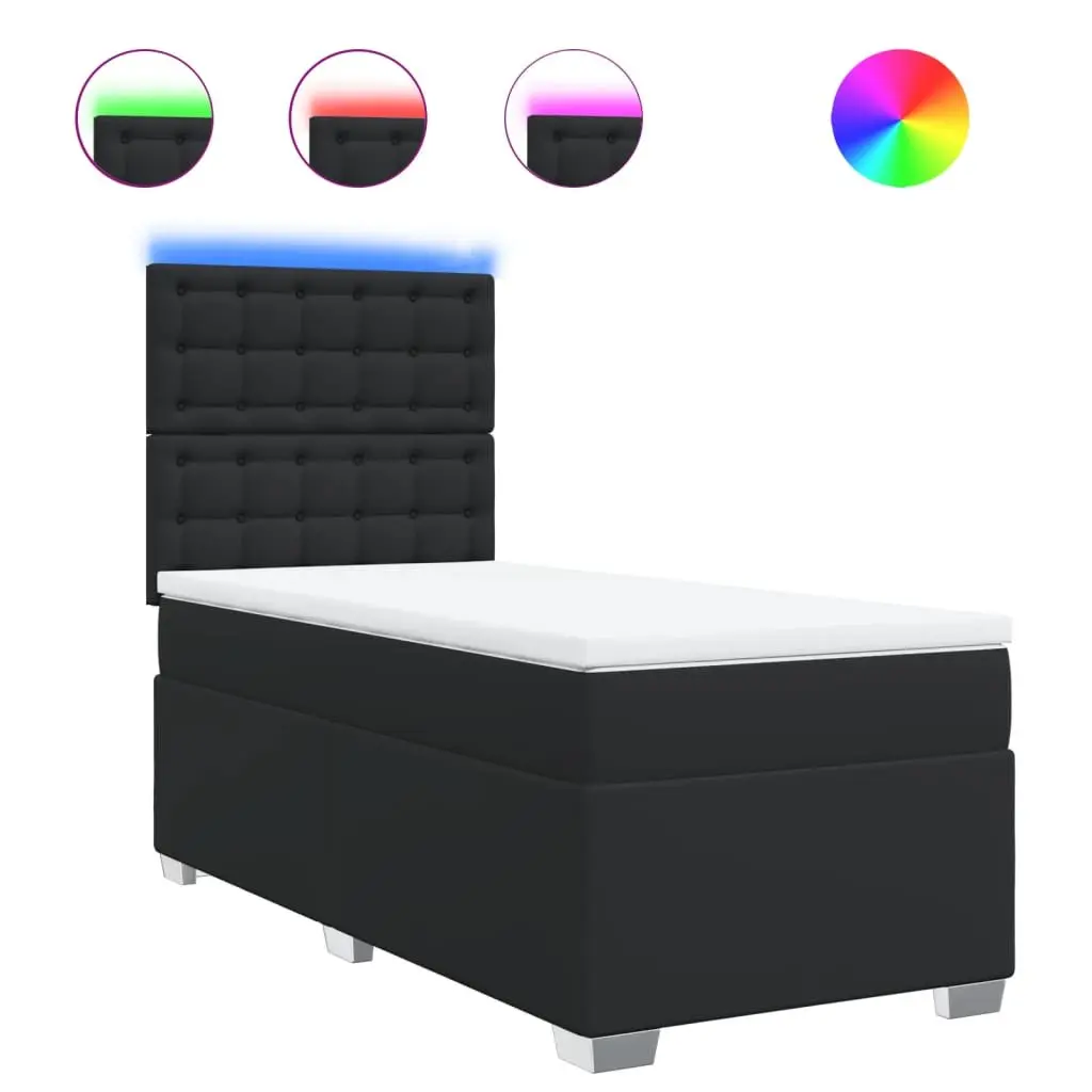 King Single Box Spring Bed with Pocket Mattress LED Lights Black Faux Leather