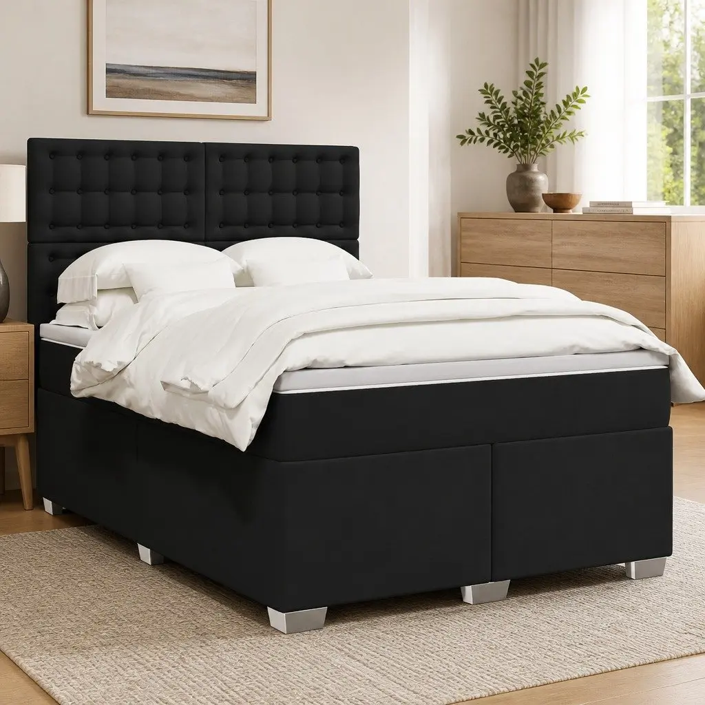 Queen Box Spring Bed Pocket Mattress LED Lights Adjustable Height Faux Leather Black