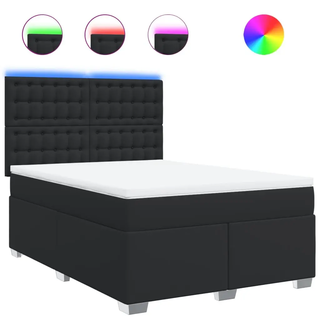 Queen Box Spring Bed Pocket Mattress LED Lights Adjustable Height Faux Leather Black