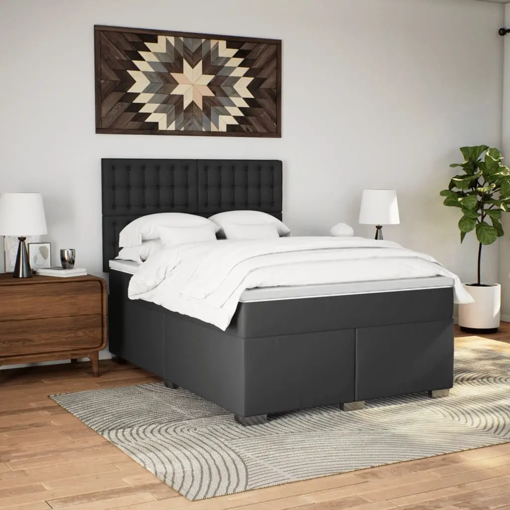 Queen Box Spring Bed Pocket Mattress LED Lights Adjustable Height Faux Leather Black