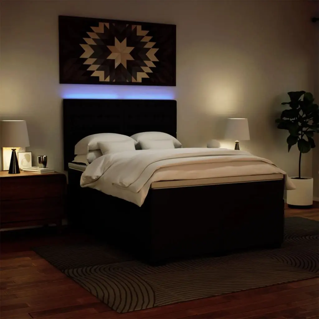 Queen Box Spring Bed Pocket Mattress LED Lights Adjustable Height Faux Leather Black