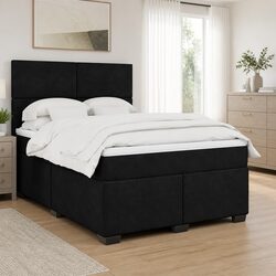 Box Spring Bed with Pocket Mattress LED Lights Adjustable Headboard Black