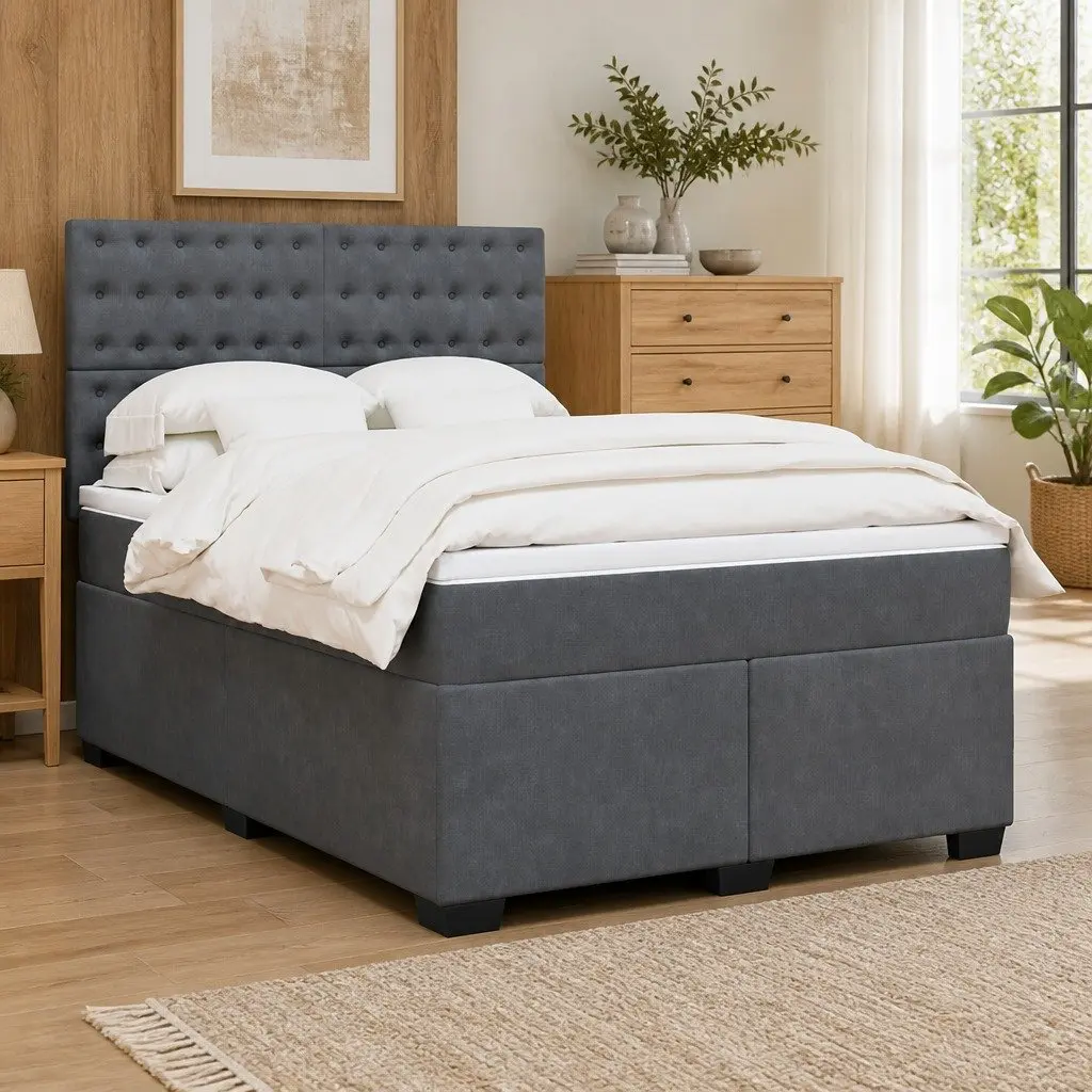 Grey Box Spring Bed with LED Lights and Soft Fabric