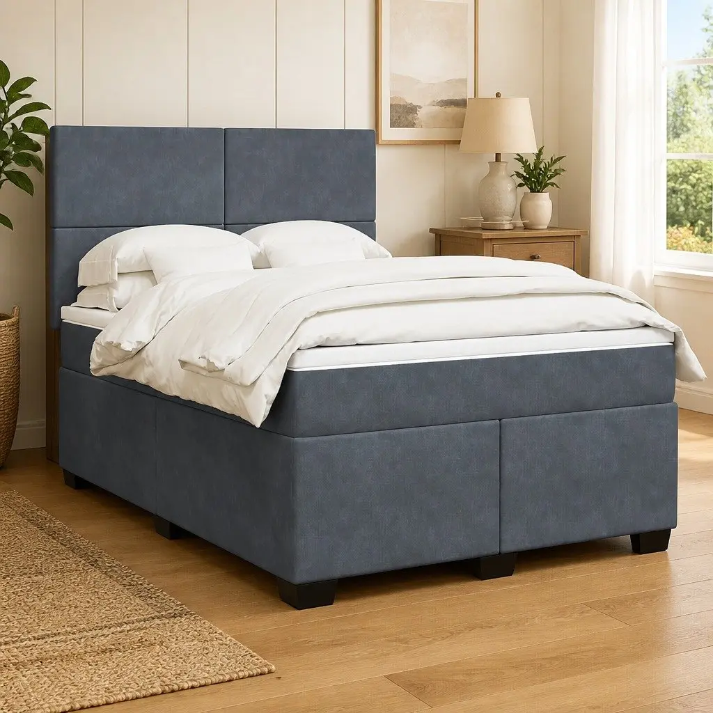 Grey Velvet Queen Box Spring Bed for Restful Nights