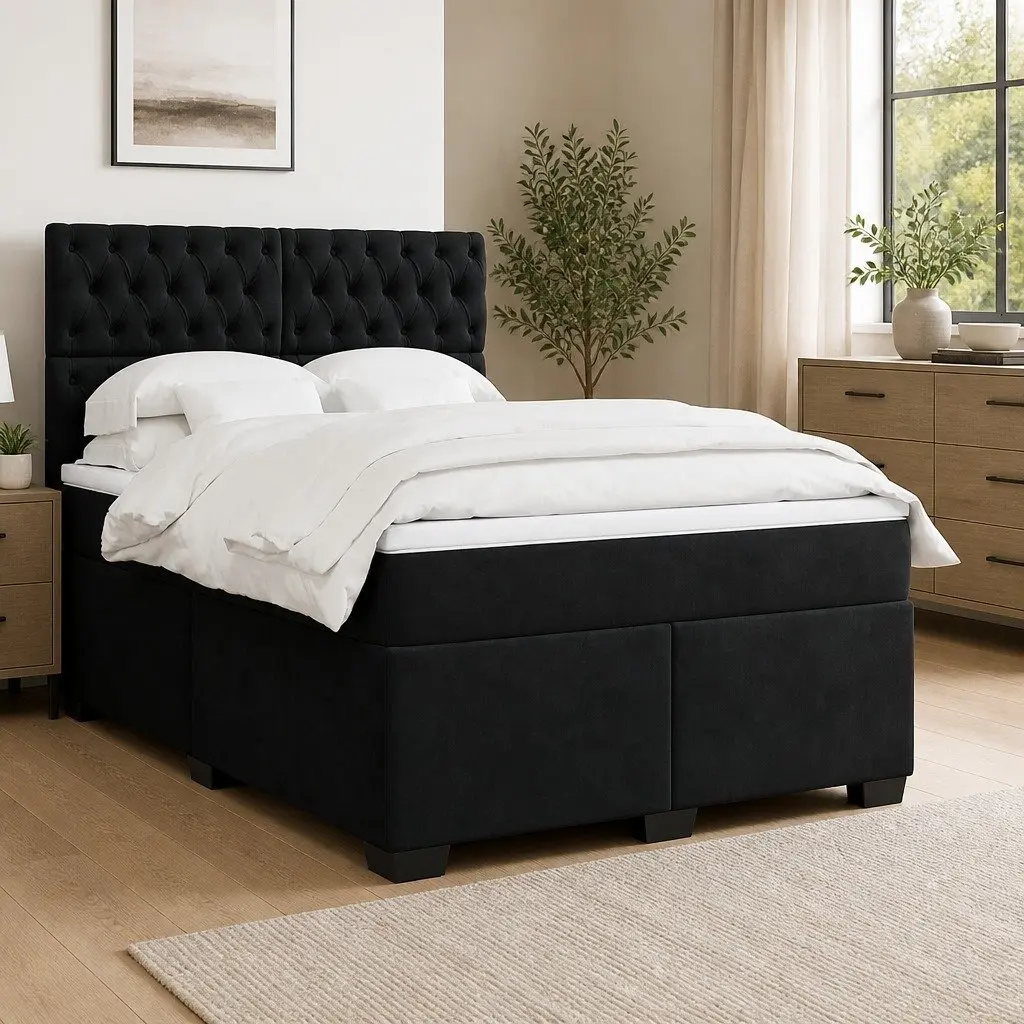 Queen Size Box Spring Bed Pocket Spring Mattress Adjustable Headboard LED Lights Black