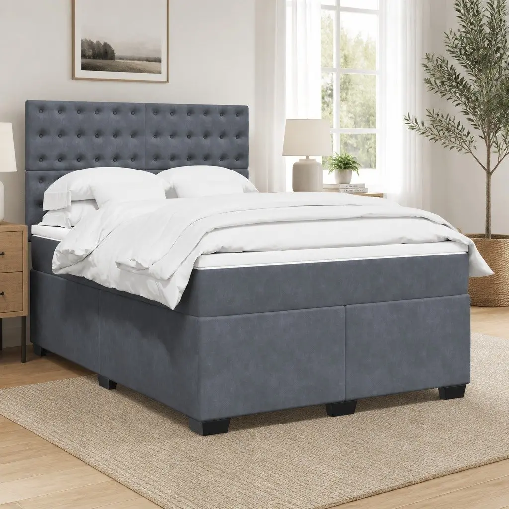 Queen Box Spring Bed Pocket Spring Mattress Adjustable LED Lights Dark Grey Velvet