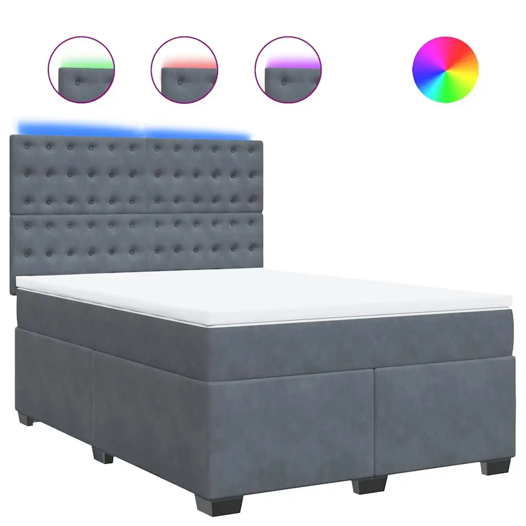 Queen Box Spring Bed Pocket Spring Mattress Adjustable LED Lights Dark Grey Velvet