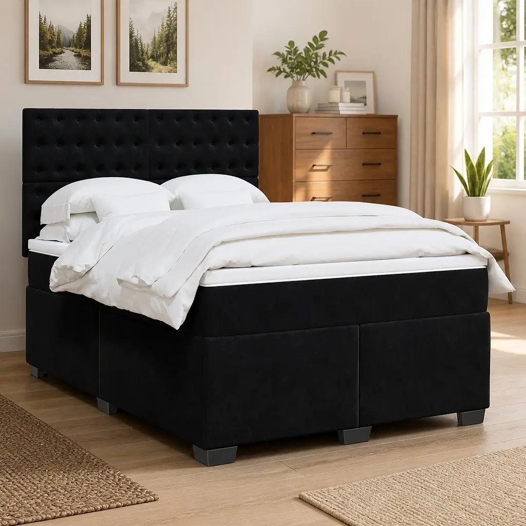 Queen Box Spring Bed Pocket Spring Mattress Adjustable Headboard LED Lights Black