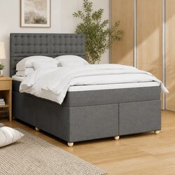 Double Box Spring Bed with Pocket Mattress LED Lights Adjustable Headboard Grey