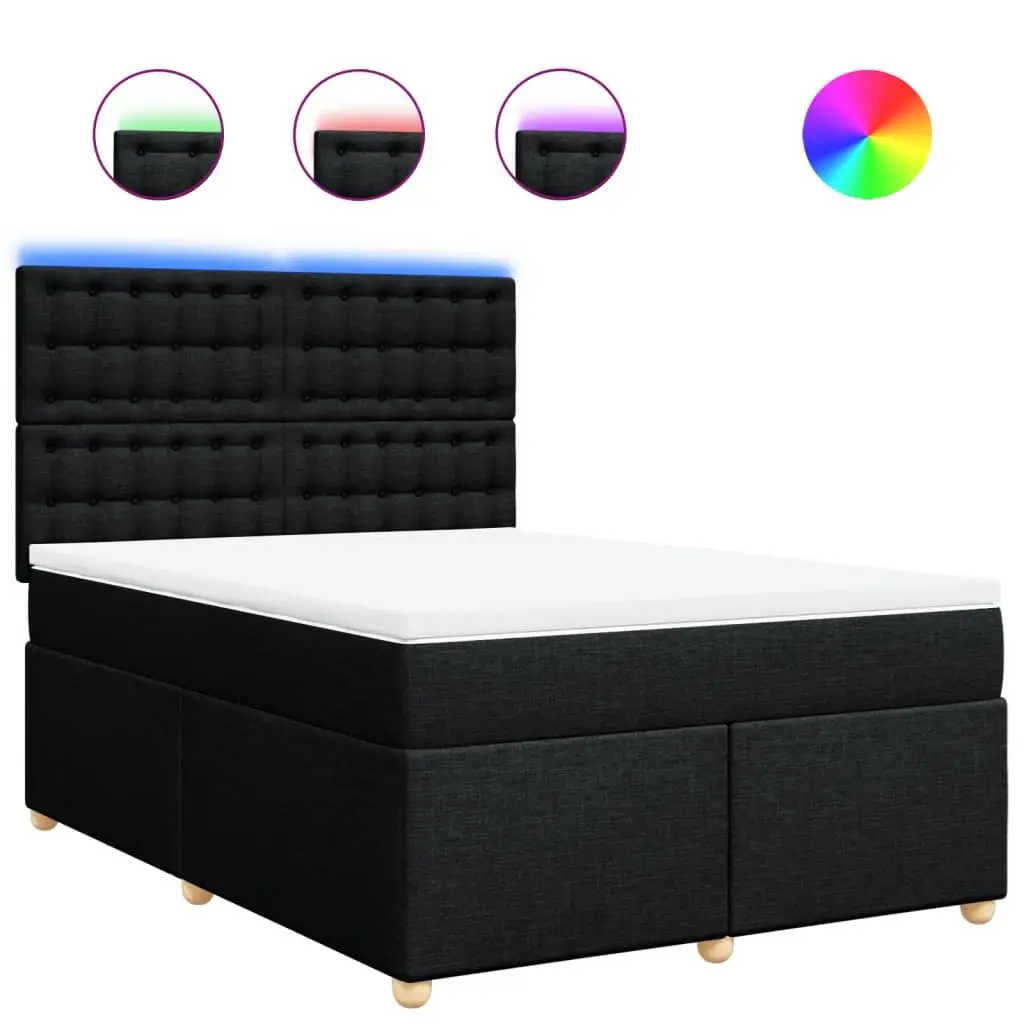 Double Box Spring Bed Pocket Mattress Height Adjustable LED Headboard Black Fabric