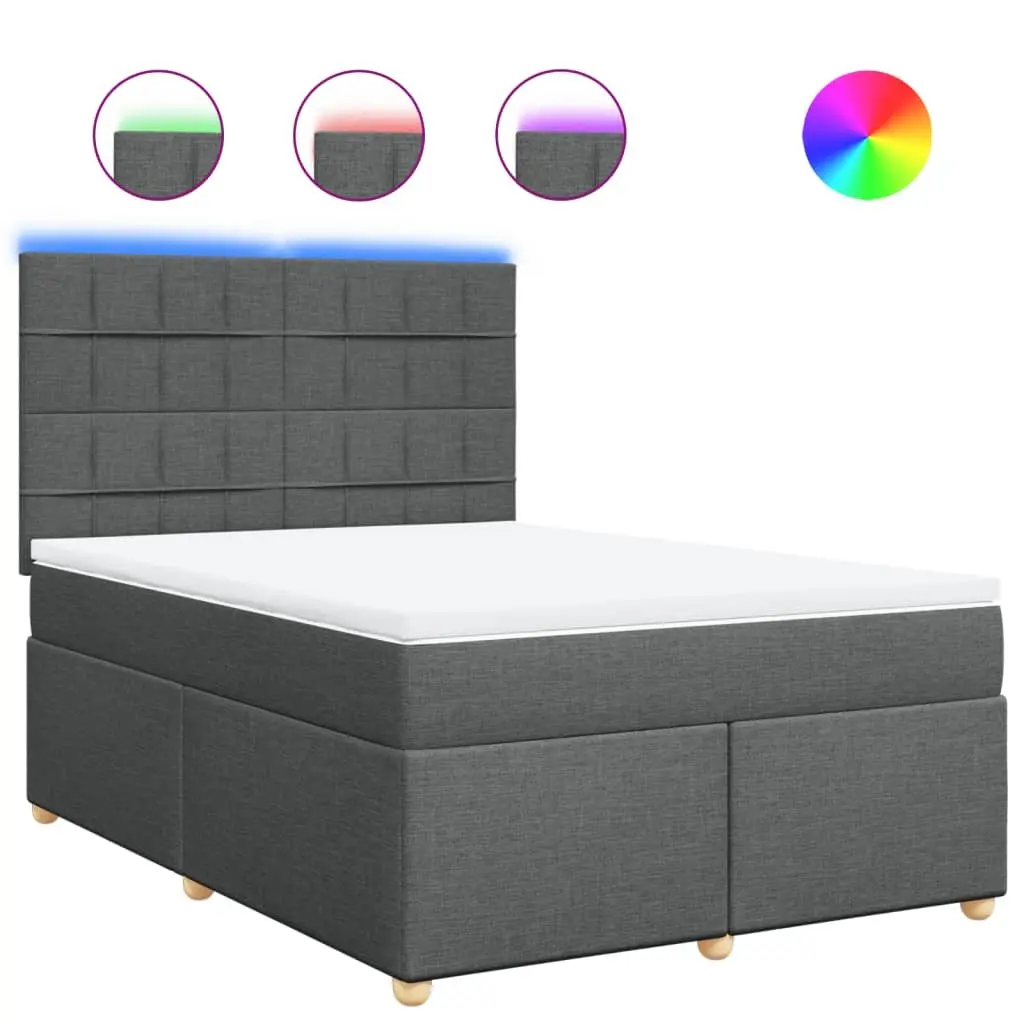 Box Spring Bed with Mattress Queen Size Dark Grey Fabric LED Headboard