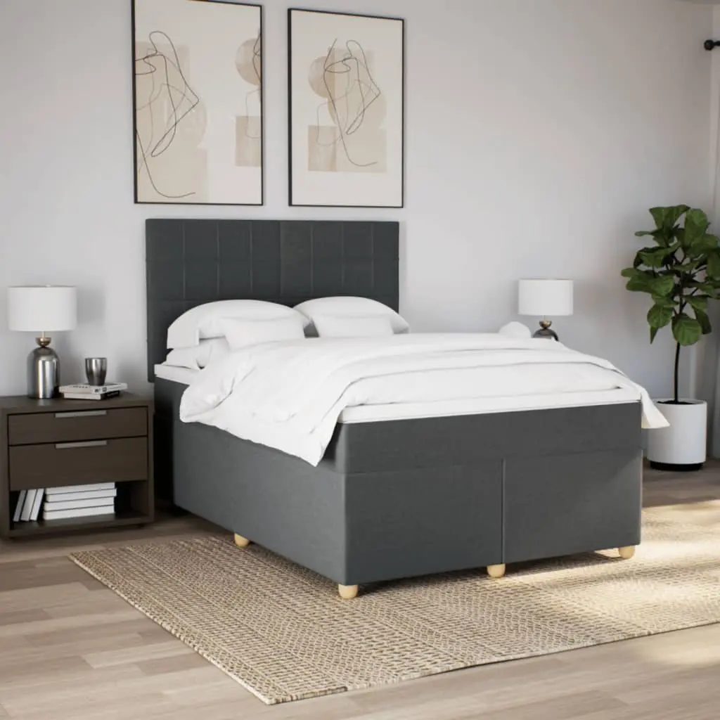 Box Spring Bed with Mattress Queen Size Dark Grey Fabric LED Headboard