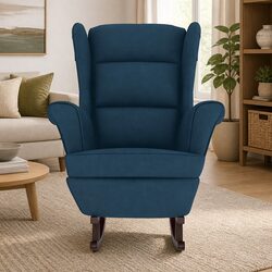 Comfortable Blue Velvet Wingback Rocking Chair with Solid Legs