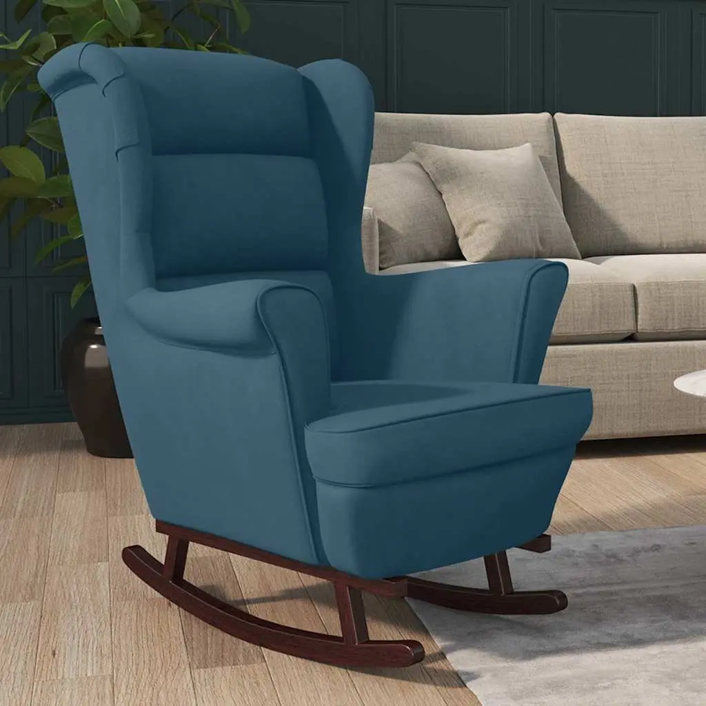 Blue Velvet Wingback Rocking Chair with Solid Legs