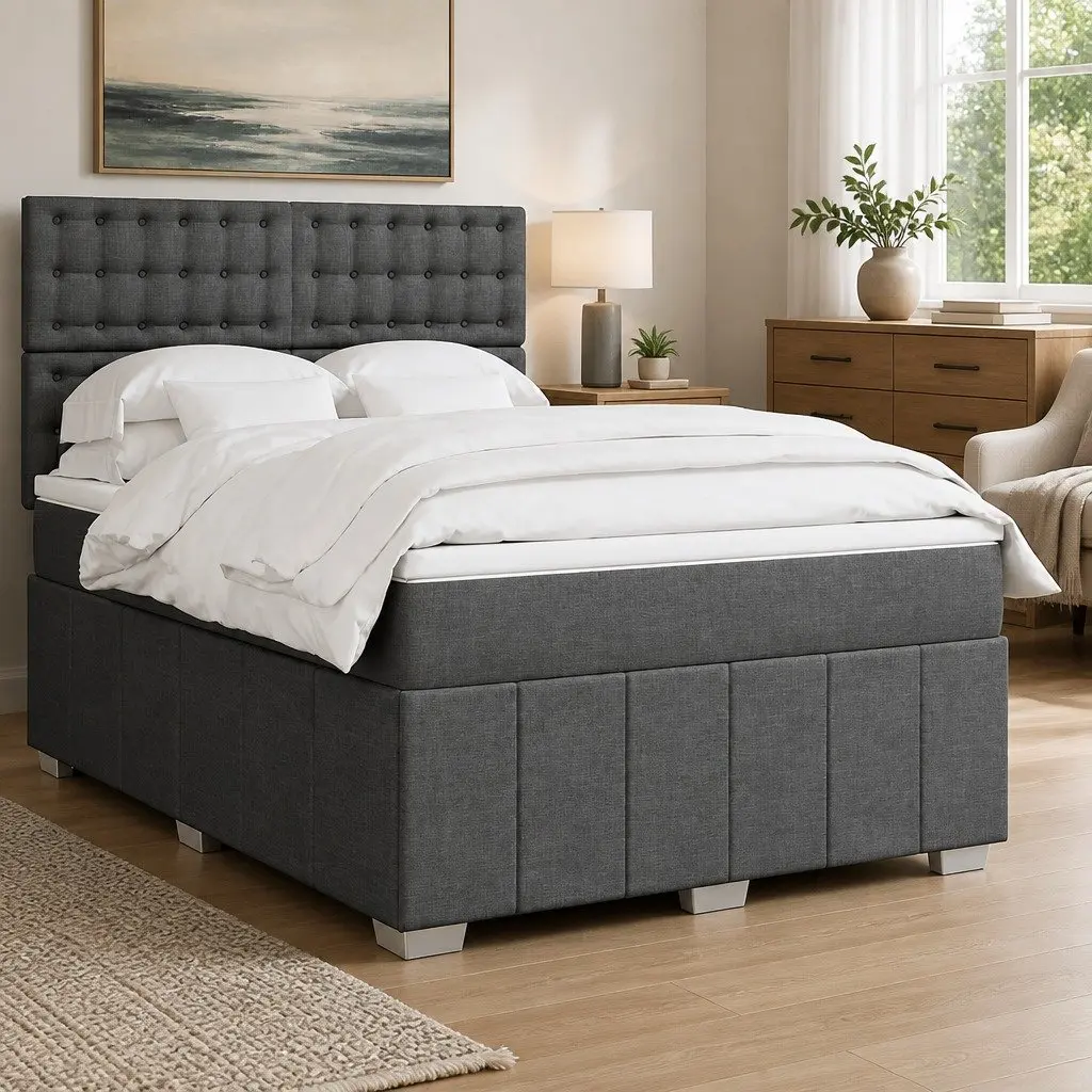 Box Spring Bed with Mattress Double Size Dark Grey Fabric LED Lights Headboard