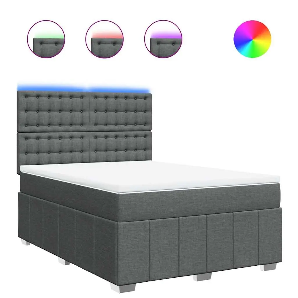 Box Spring Bed with Mattress Double Size Dark Grey Fabric LED Lights Headboard
