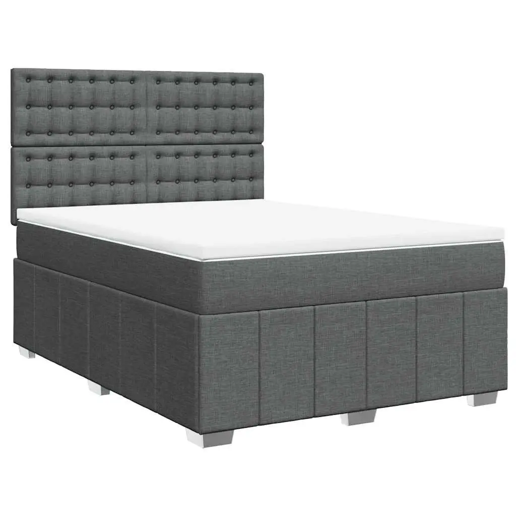 Box Spring Bed with Mattress Double Size Dark Grey Fabric LED Lights Headboard