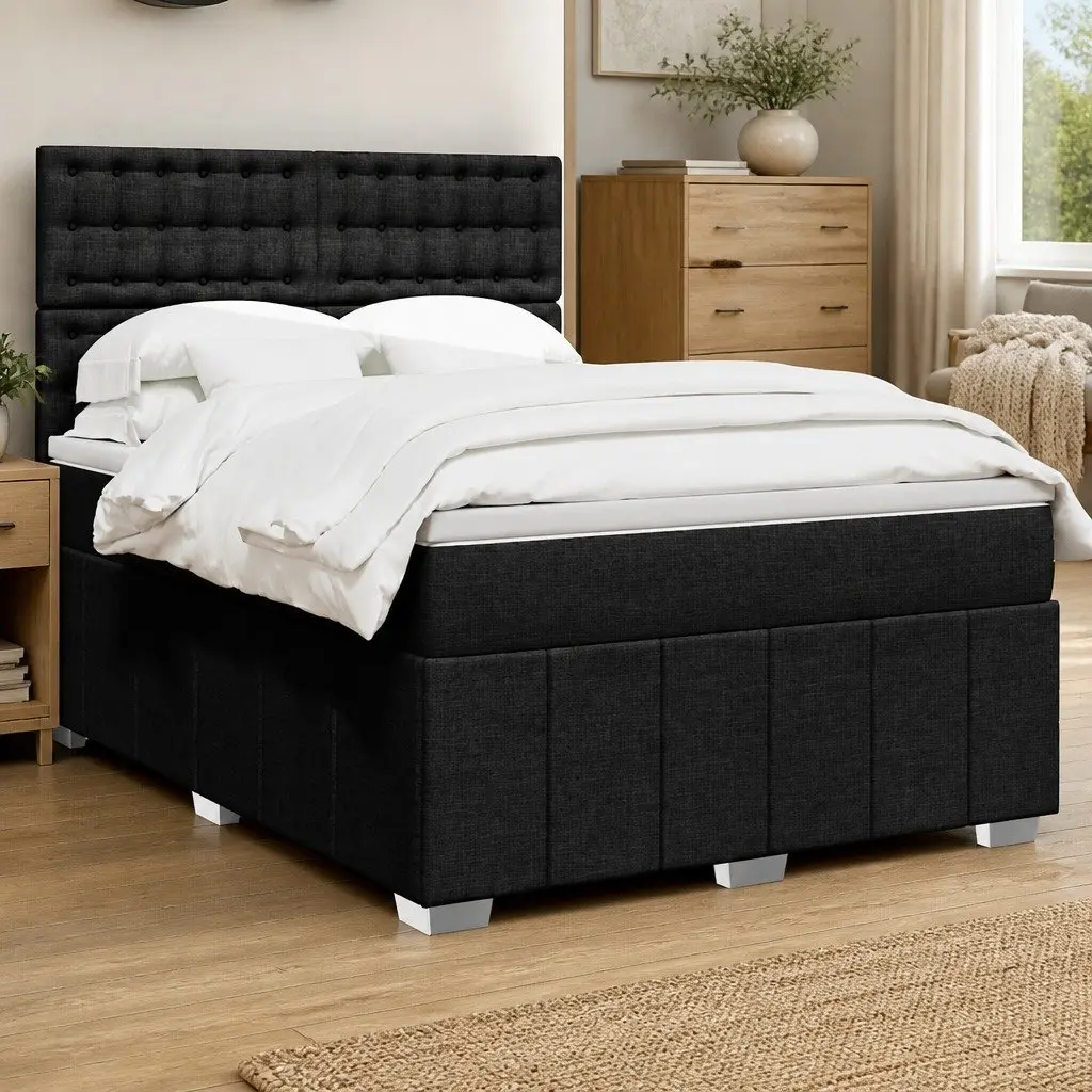 Double Box Spring Bed Pocket Spring Mattress Adjustable Headboard LED Lights Black
