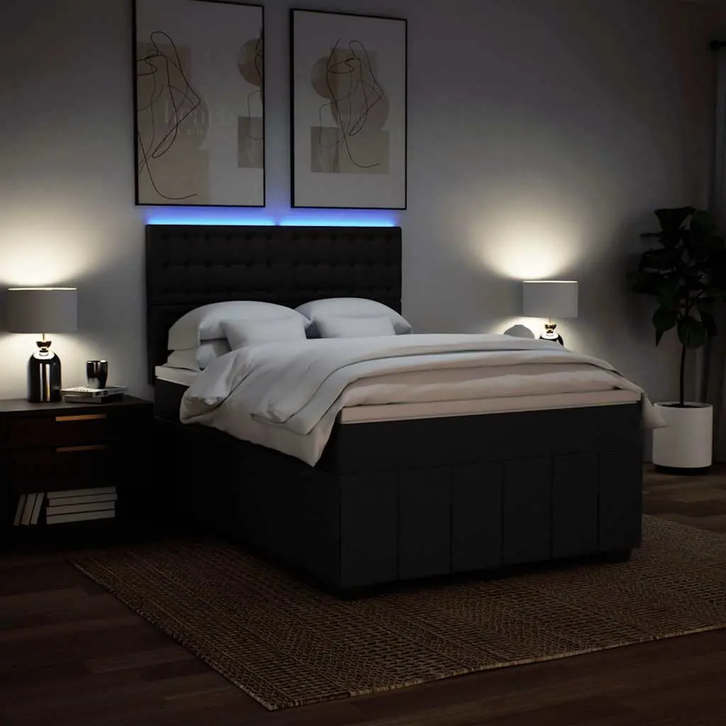 Double Box Spring Bed Pocket Spring Mattress Adjustable Headboard LED Lights Black