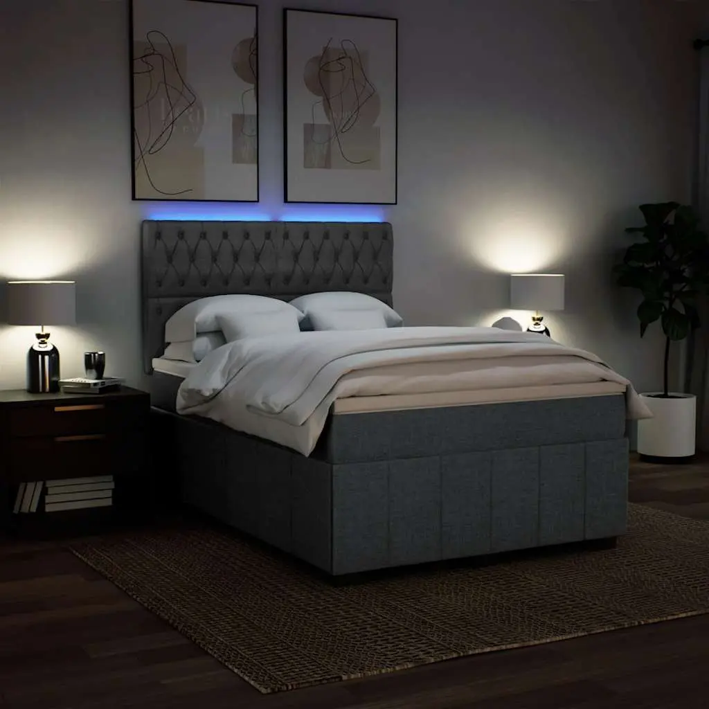 Queen Box Spring Bed with Pocket Mattress LED Lights Adjustable Headboard Grey