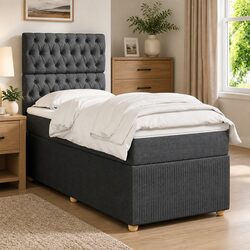 King Single Box Spring Bed with Pocket Mattress LED Lights Grey Fabric Frame