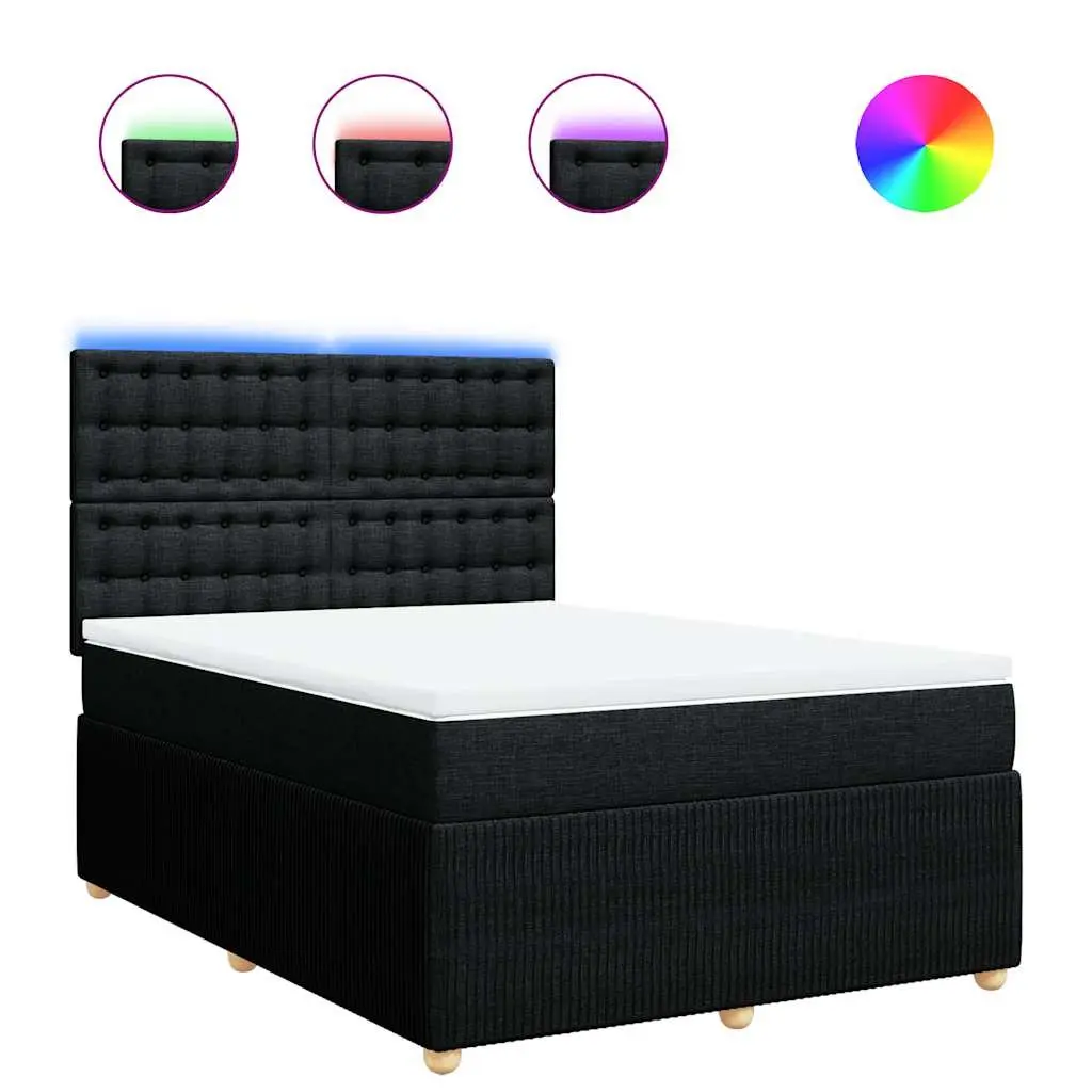 Double Box Spring Bed with Pocket Sprung Mattress LED Lights Black Fabric