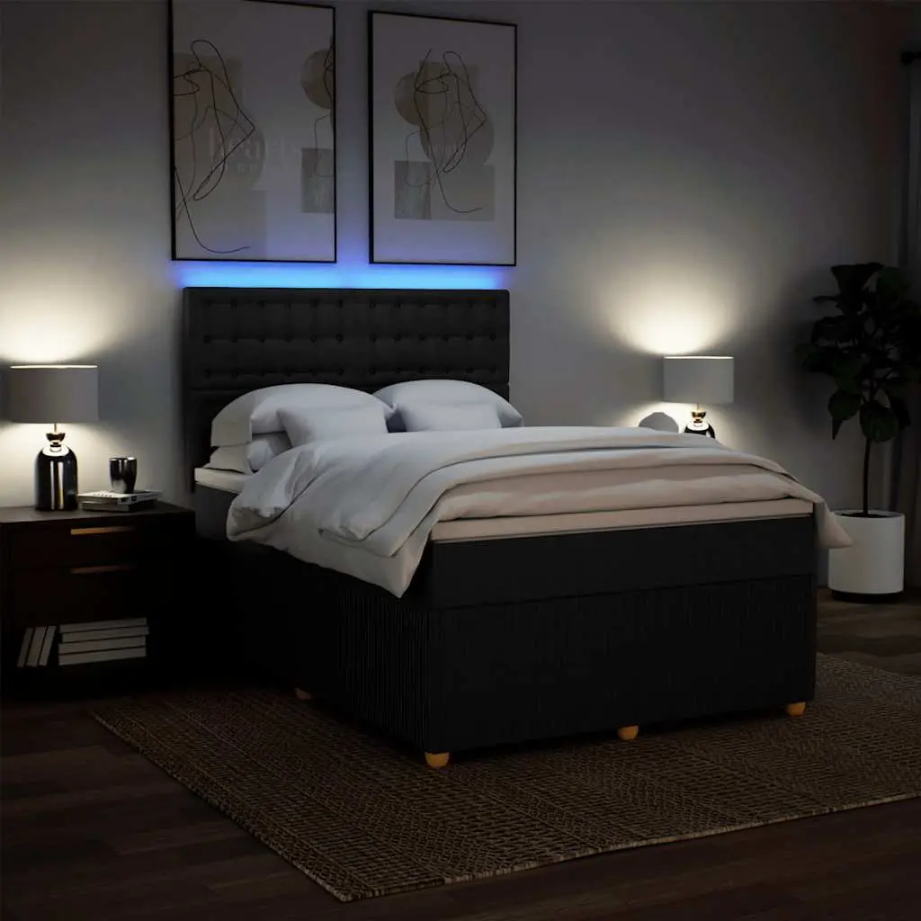 Double Box Spring Bed with Pocket Sprung Mattress LED Lights Black Fabric