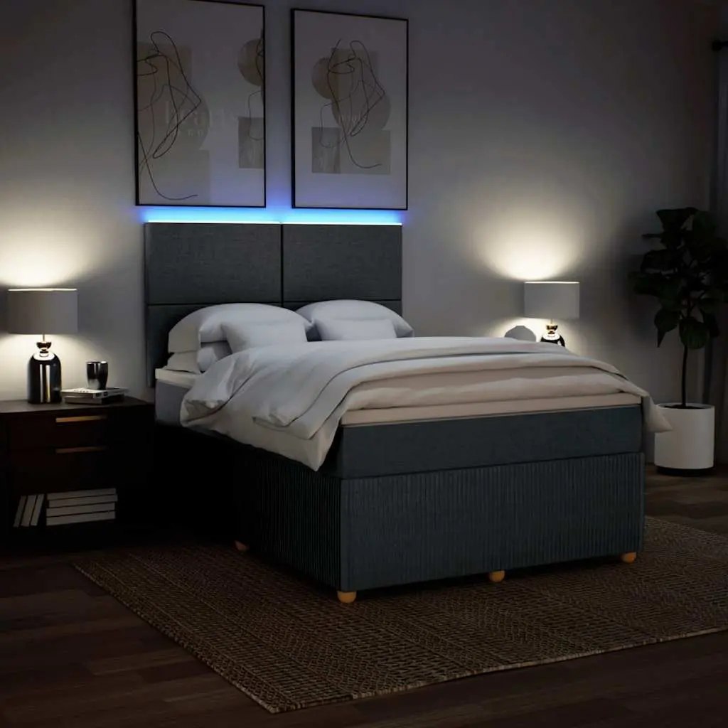 Queen Box Spring Bed with Pocket Spring Mattress LED Lights Grey Fabric Frame
