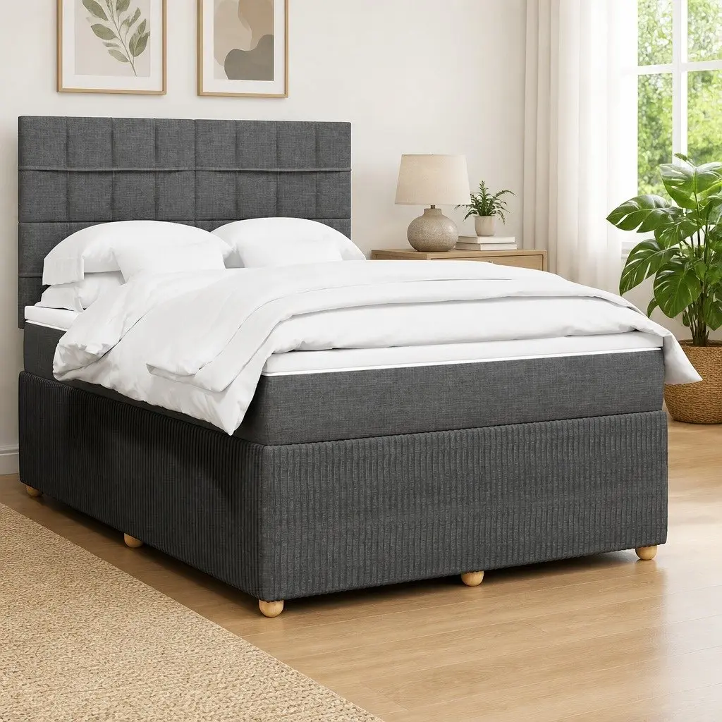 Queen Bed Frame with Mattress Dark Grey Fabric Box Spring Bed LED Lights