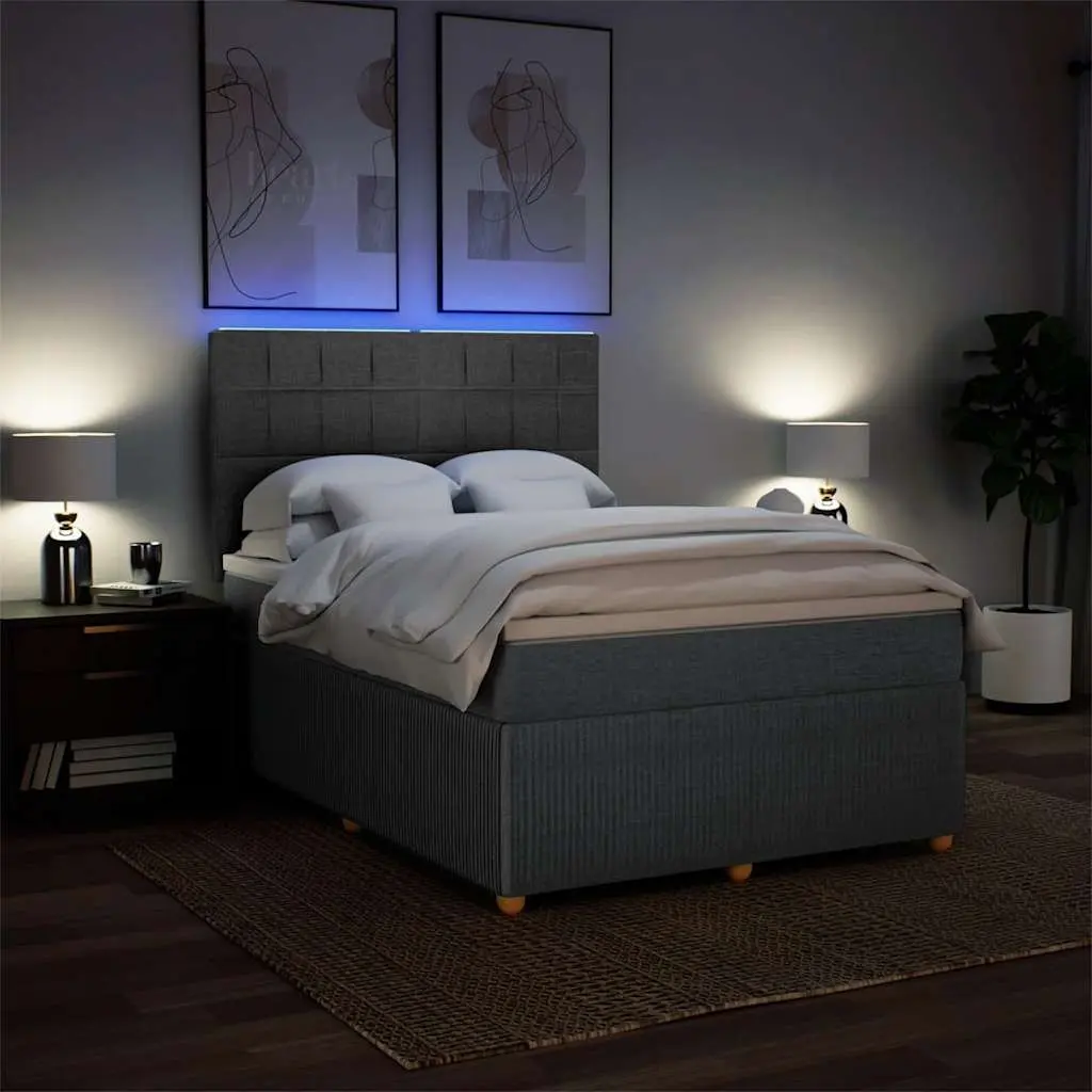 Queen Bed Frame with Mattress Dark Grey Fabric Box Spring Bed LED Lights