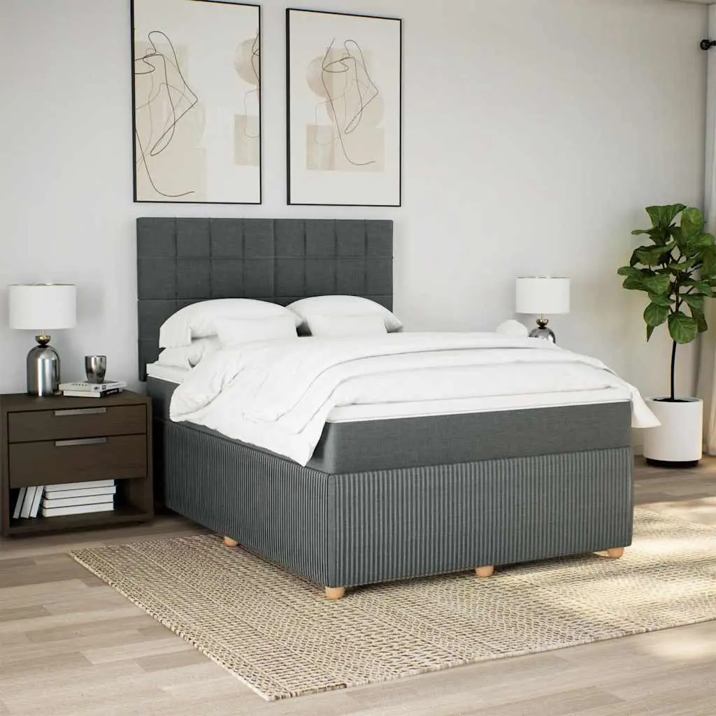 Queen Bed Frame with Mattress Dark Grey Fabric Box Spring Bed LED Lights