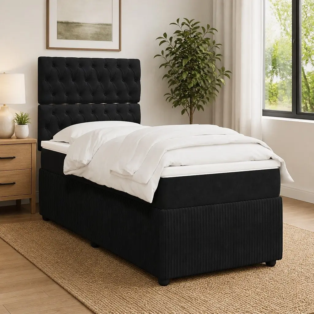Box Spring Bed Pocket Spring Mattress King Single Black Velvet LED Lights