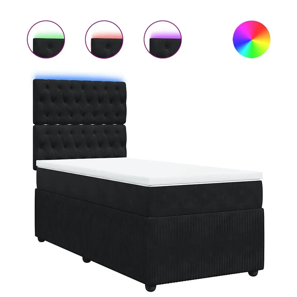 Box Spring Bed Pocket Spring Mattress King Single Black Velvet LED Lights