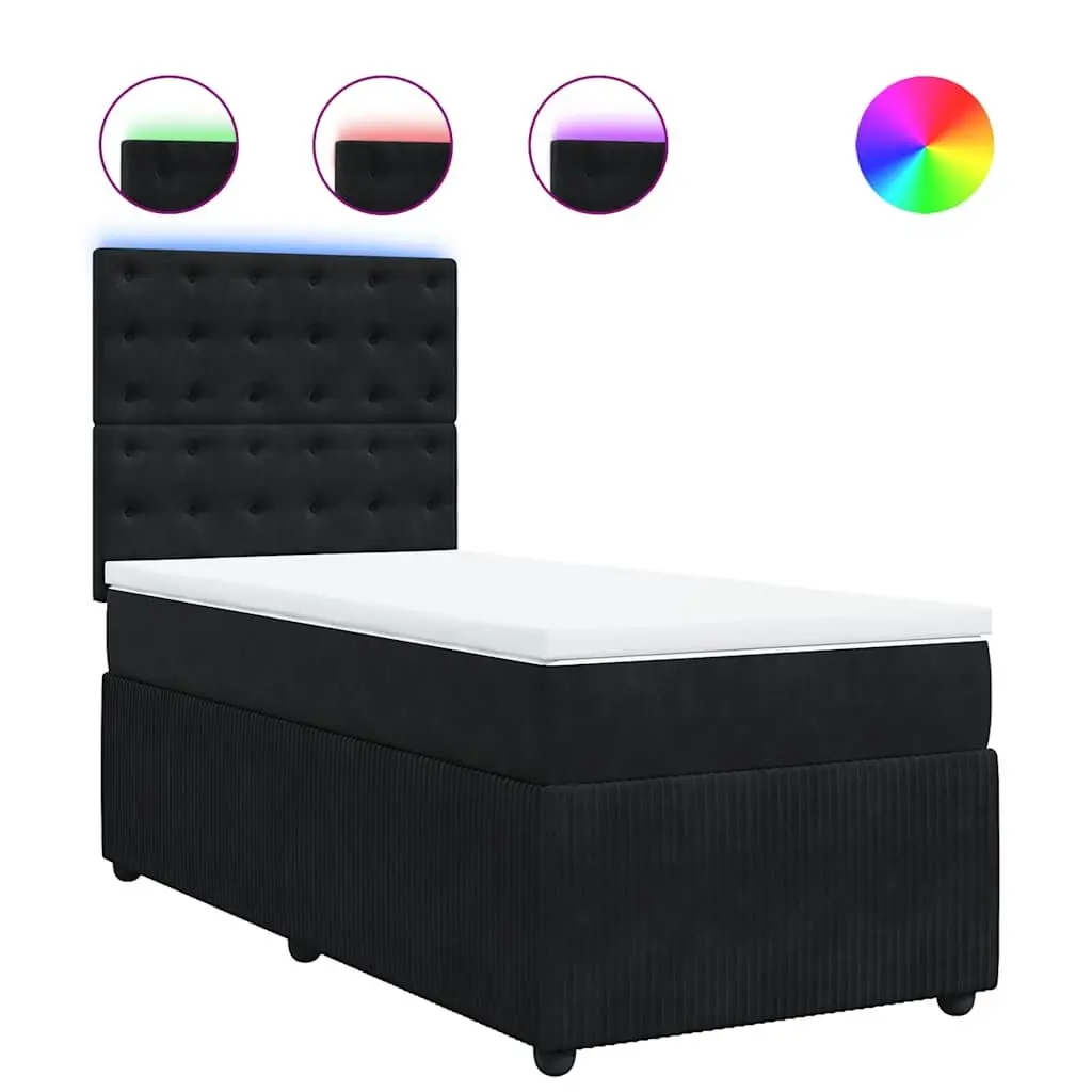 King Single Box Spring Bed with Pocket Mattress LED Lights Velvet Black
