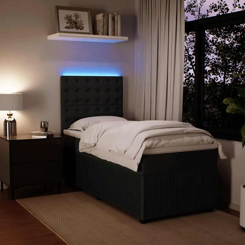 King Single Box Spring Bed with Pocket Mattress LED Lights Velvet Black