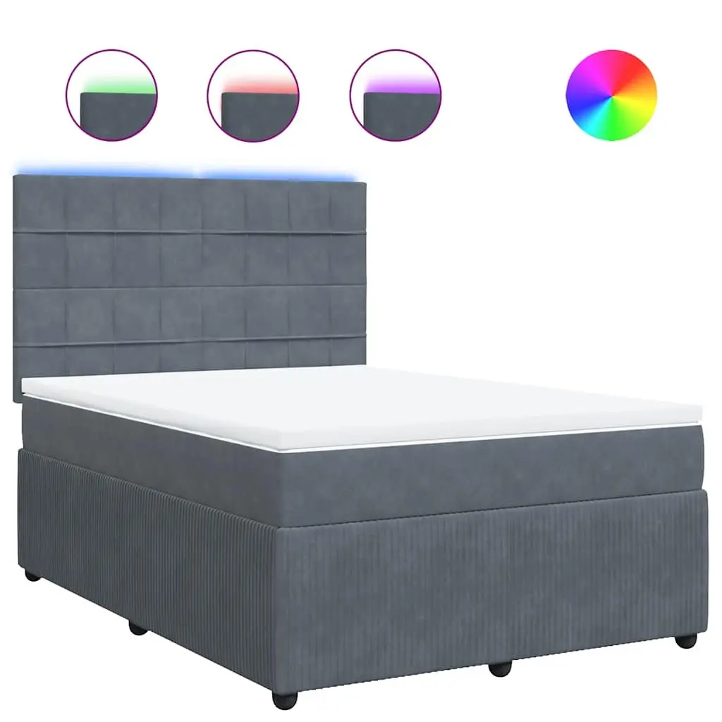 Double Box Spring Bed with Pocket Mattress LED Lights Adjustable Headboard Grey