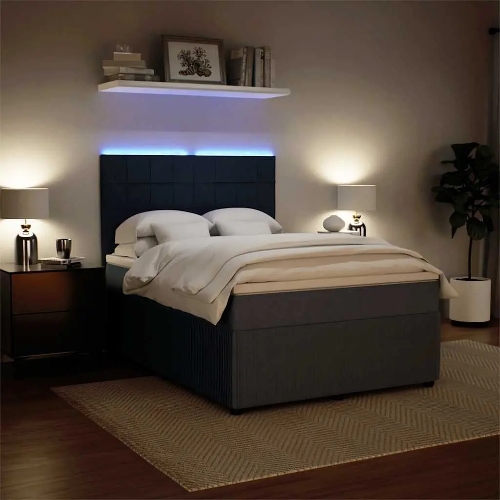Double Box Spring Bed with Pocket Mattress LED Lights Adjustable Headboard Grey