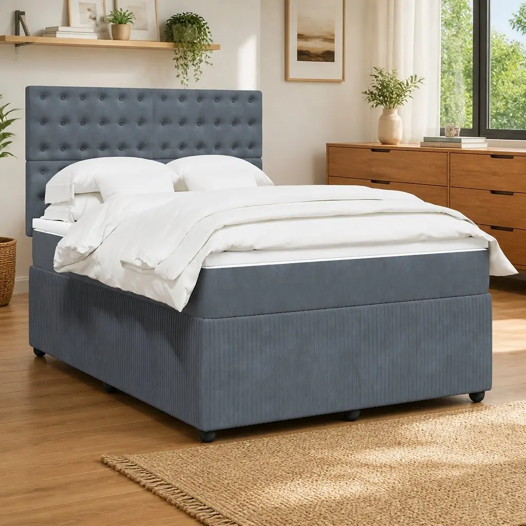 Grey Velvet Double Box Spring Bed with Mattress