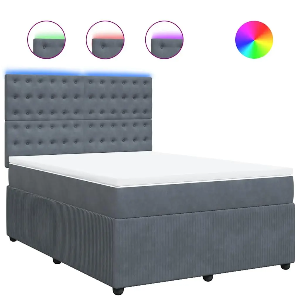 Grey Velvet Double Box Spring Bed with Mattress