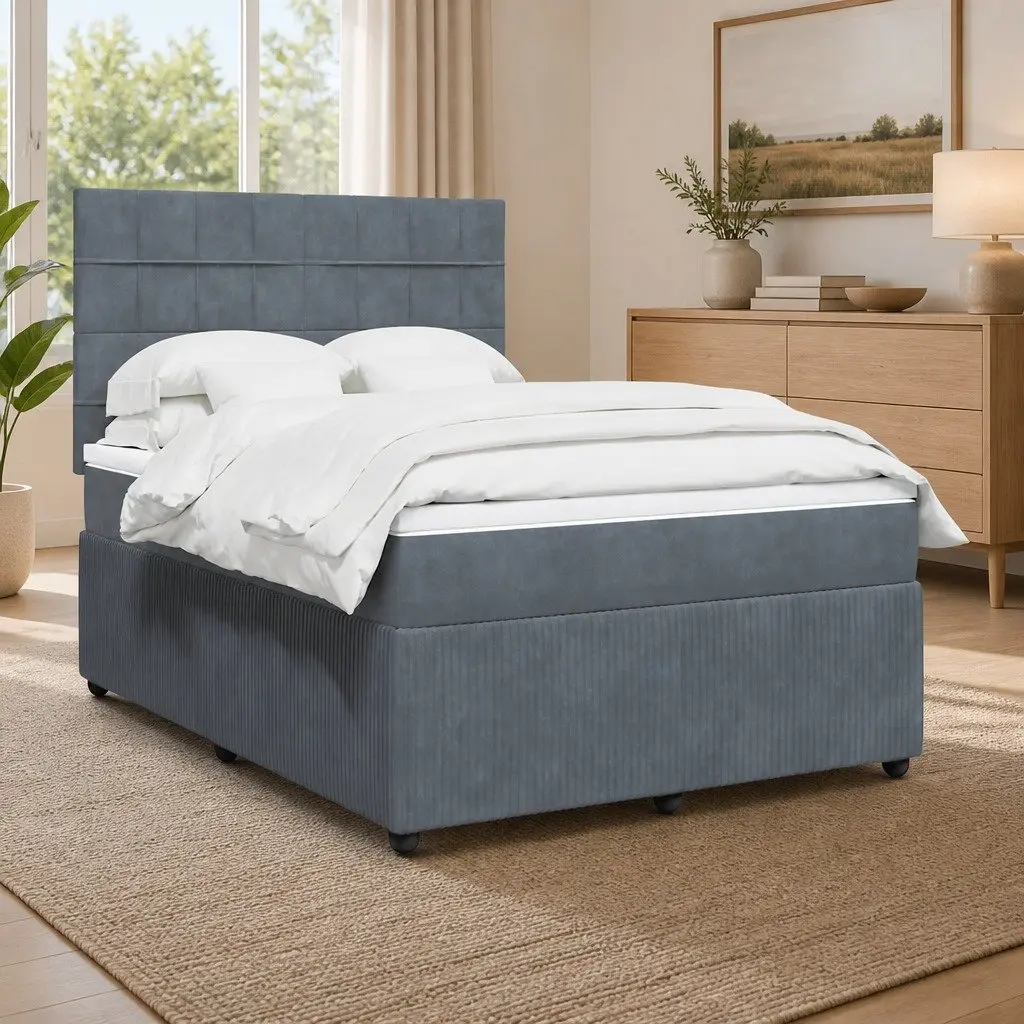 Box Spring Bed Mattress Queen Size Dark Grey Velvet LED Headboard