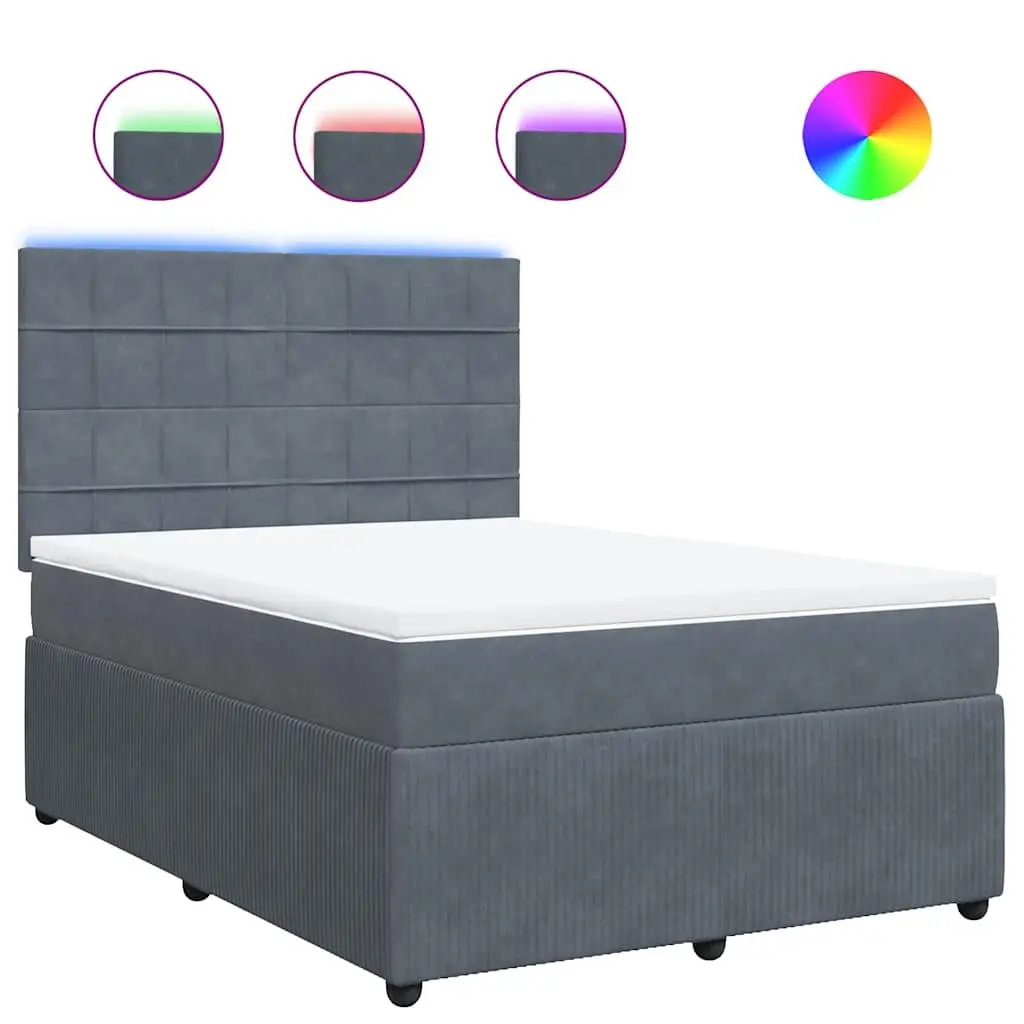 Box Spring Bed Mattress Queen Size Dark Grey Velvet LED Headboard