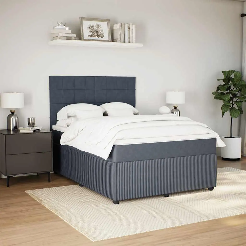 Box Spring Bed Mattress Queen Size Dark Grey Velvet LED Headboard