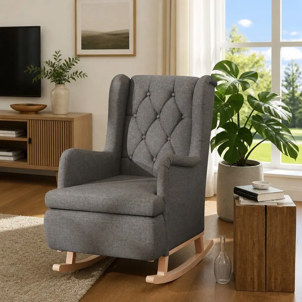 Armchair with Rocking Legs Grey Fabric Padded Foam Seat Living Room Furniture