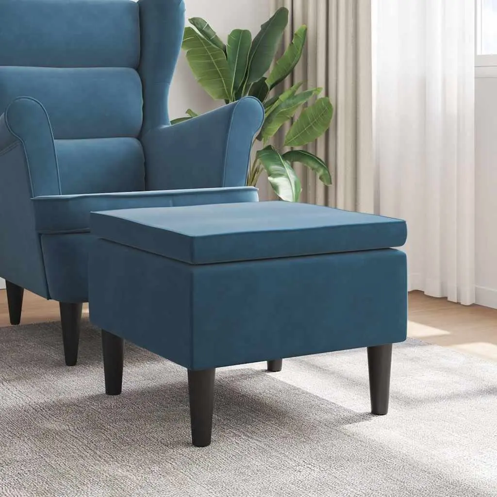 Blue Velvet Stool with Wooden Legs Footrest Compact Padded Seat Living Room