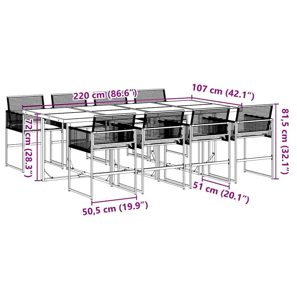 9 Piece Outdoor Dining Set Cushioned Chairs Patio Table Black Rattan