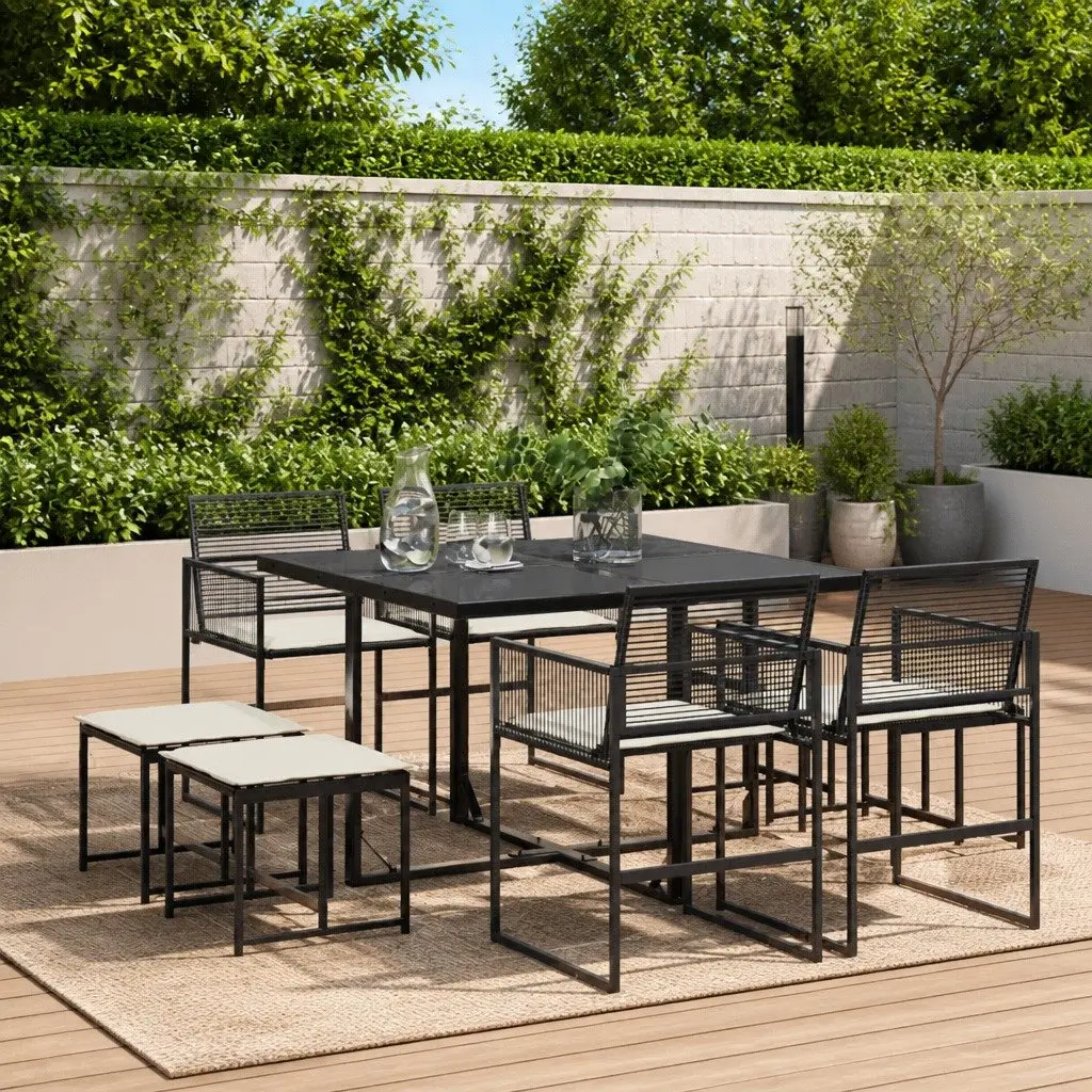 Outdoor Dining Set 9 Piece Black Poly Rattan Table Chairs Cushions